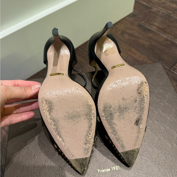 Gucci Malaga Kid Nero T-strap Studded Heels Size 37 - Picture 4 of 9